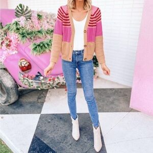 Time and Tru Pink and Tan Colorblock Cardigan M